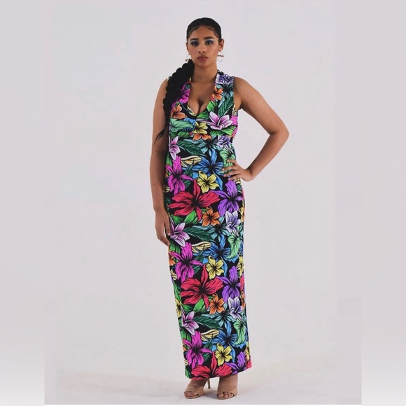 Long sleeveless floral multicolored gown spandex handmade size large med maxi - Picture 1 of 3